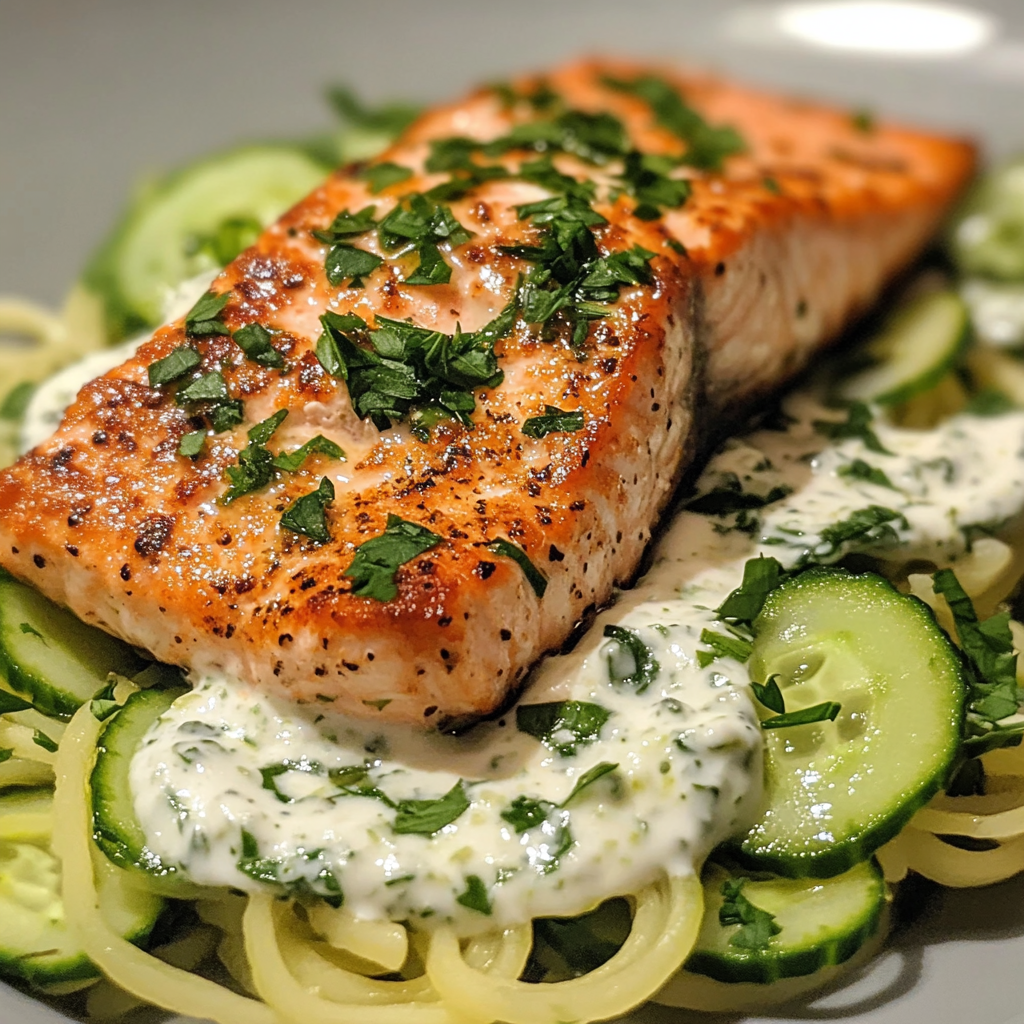 Keto Tzatziki Salmon with Cucumber Noodles