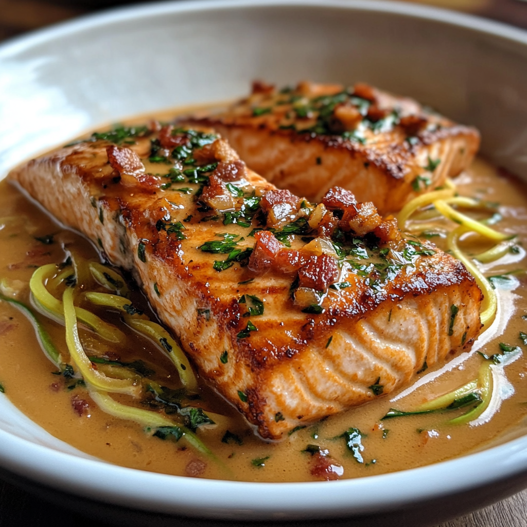 Salmon & Zoodles in Creamy Bacon Tomato Sauce